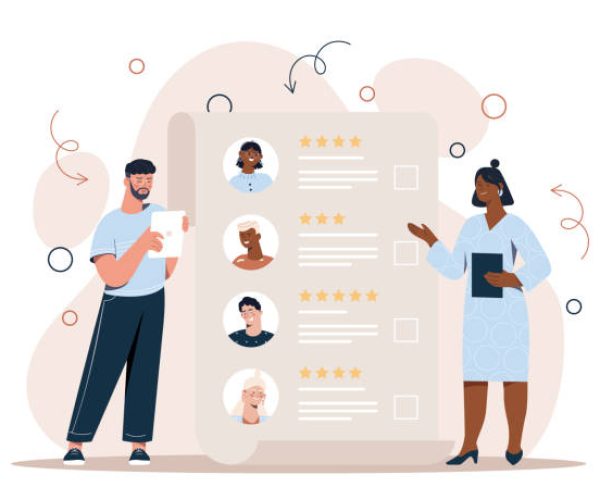 People choosing new worker. Man and woman evaluate candidates for vacancy. Characters work in office, company staff expansion, HR department. Rating and ranking. Cartoon flat vector illustration