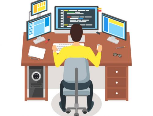Cartoon Programmer Writes Code Workspace Concept Man at the Table Flat Design Style. Vector illustration of Working Space